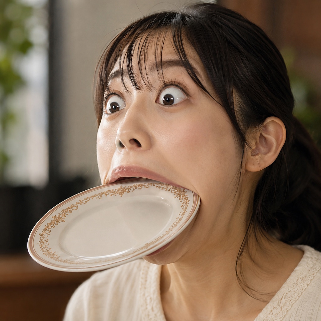 ミラさんからいただいたお皿を限界まで口に入れる女性