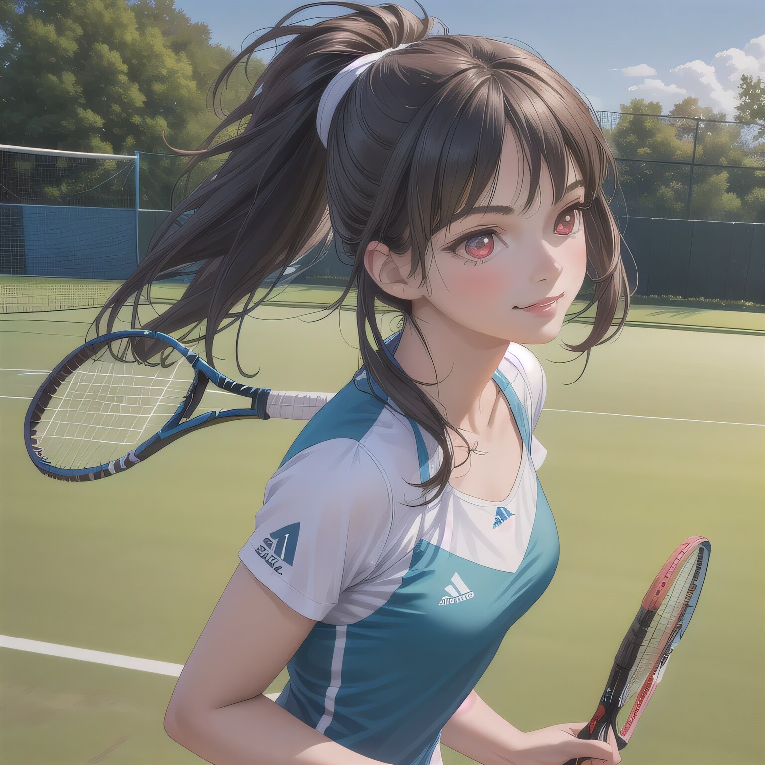 黒髪ポニテでテニスウェアの少女１１ | の人気AIイラスト・グラビア