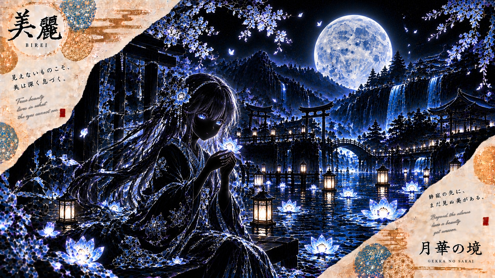 Gekka no Sakai (Boundary of Moonlight)  Set against a spellbinding night scene illuminated by a mass | の人気AIイラスト・グラビア