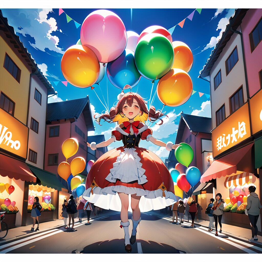 広い通りで風船を持つサンタコスの美少女 | の人気AIイラスト・グラビア
