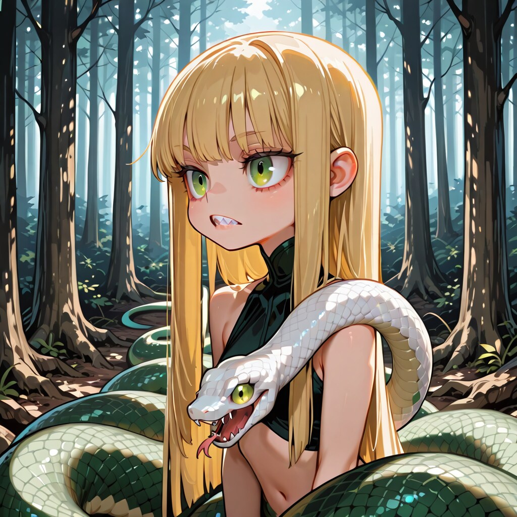 威嚇するラミアちゃんとペットの白蛇