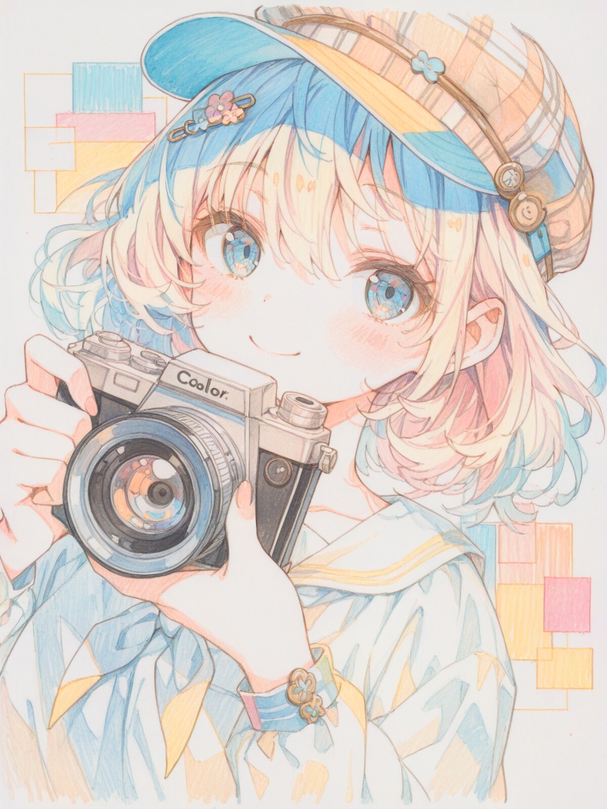 色鉛筆スケッチ風写真家少女 | の人気AIイラスト・グラビア