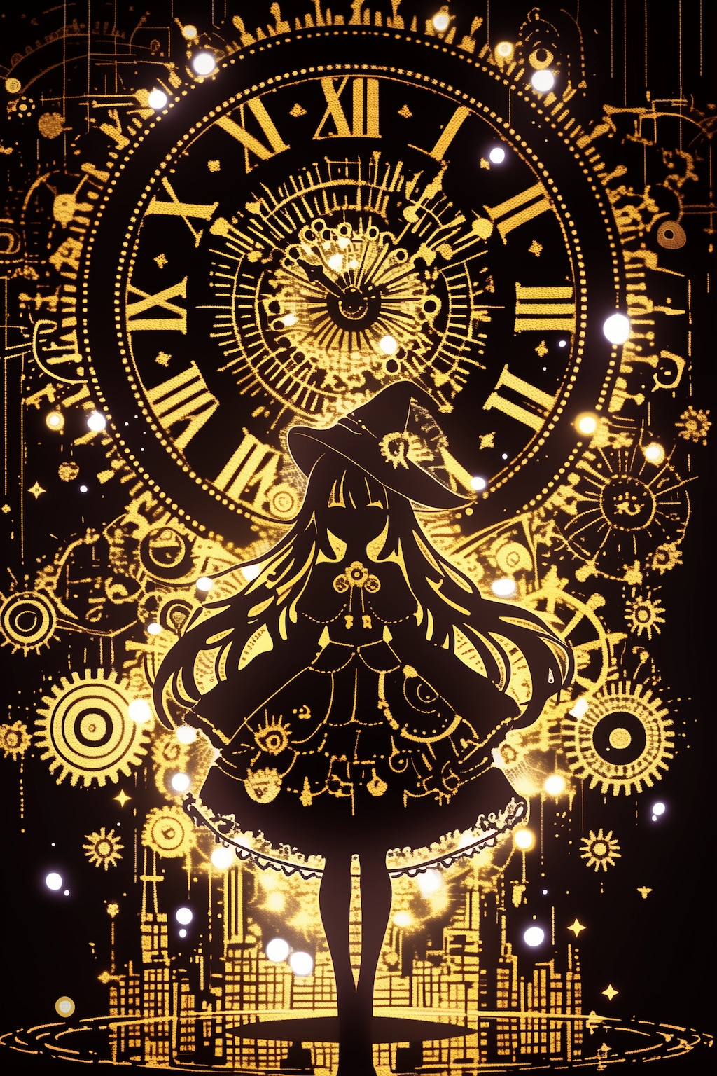 魔女と時計のシルエット