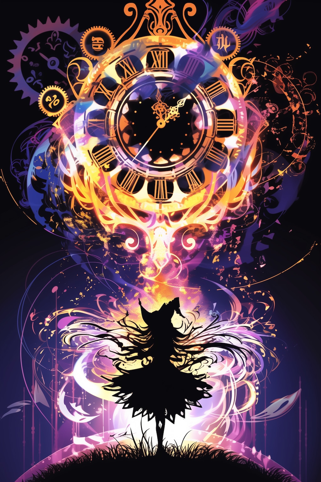 魔女と時計のシルエット