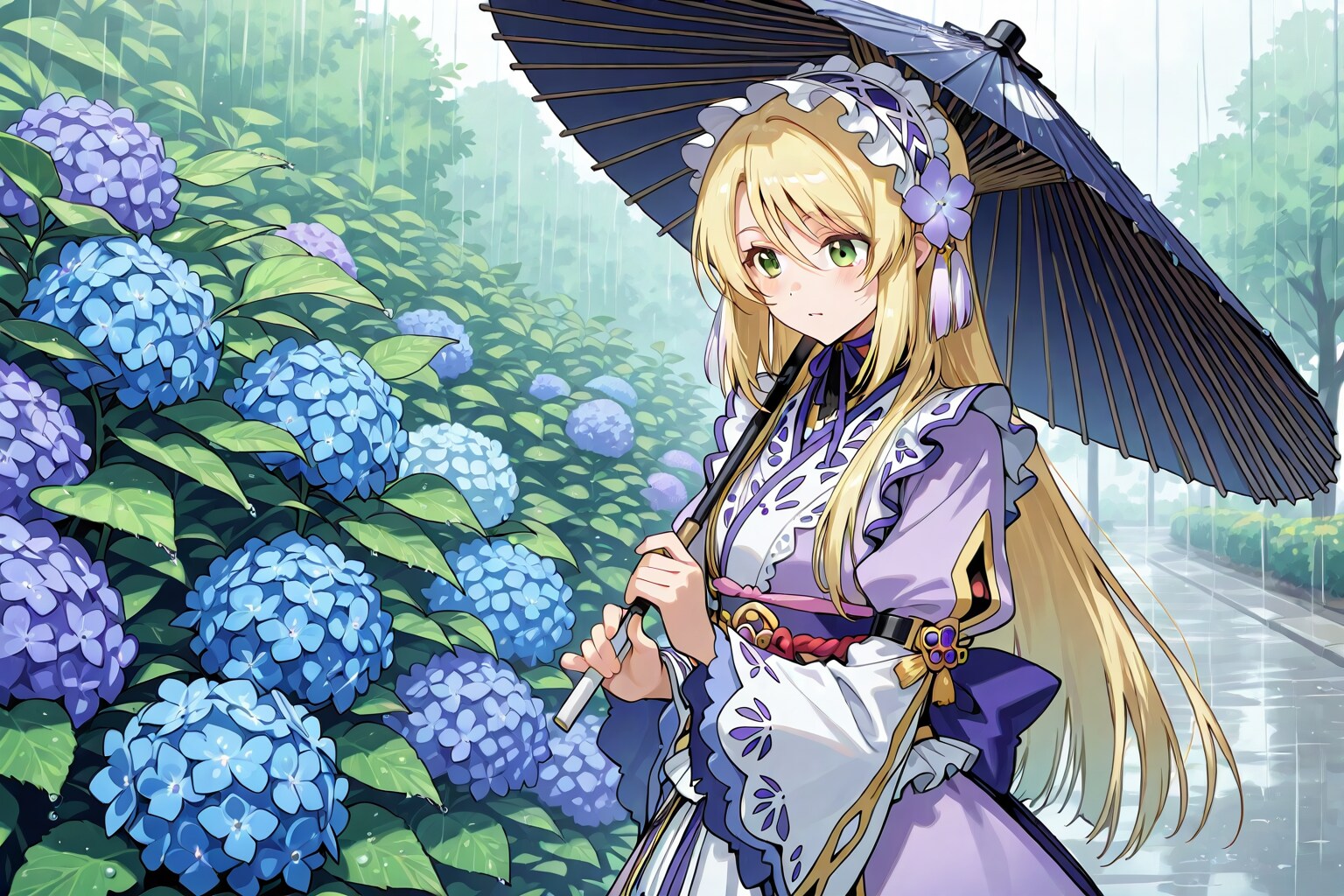 紫陽花と和傘と少女