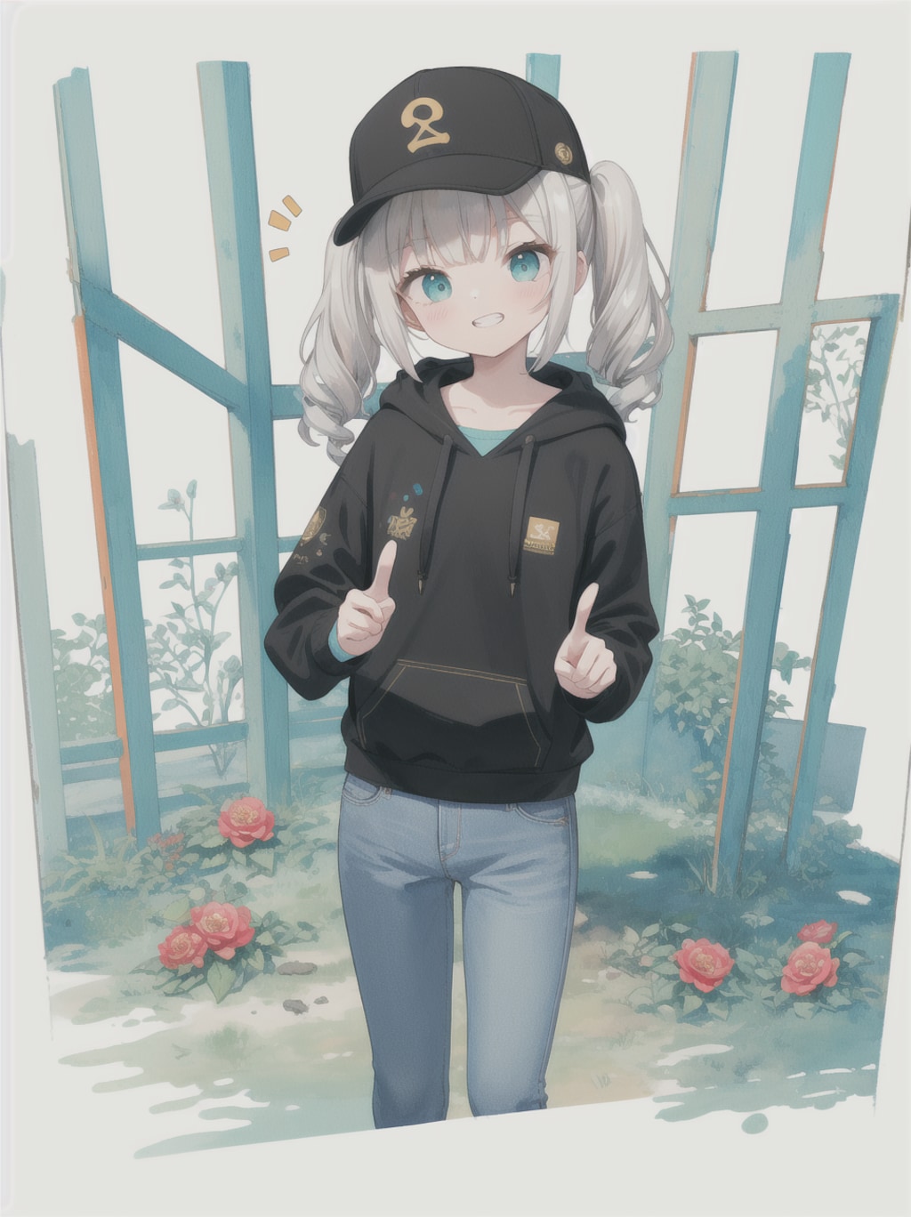 パーカーとスポーツキャップの女の子