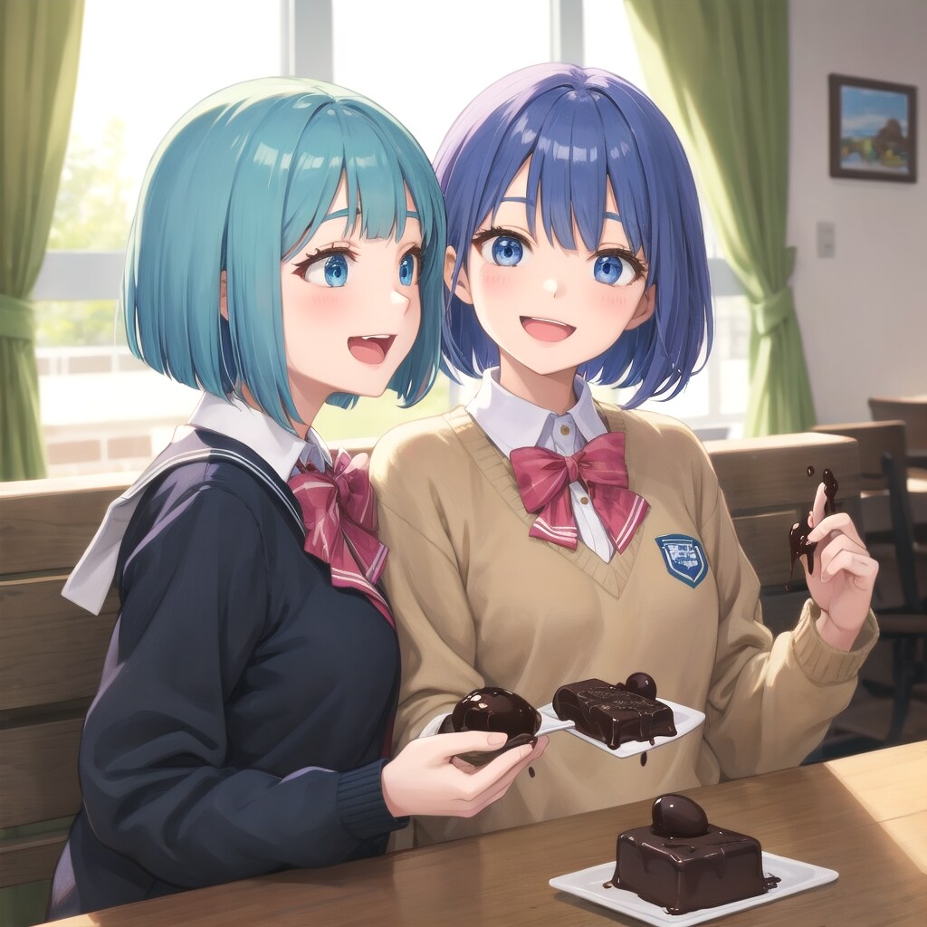 友だちと楽しそうにチョコを食べる青髪ボブ子ちゃん