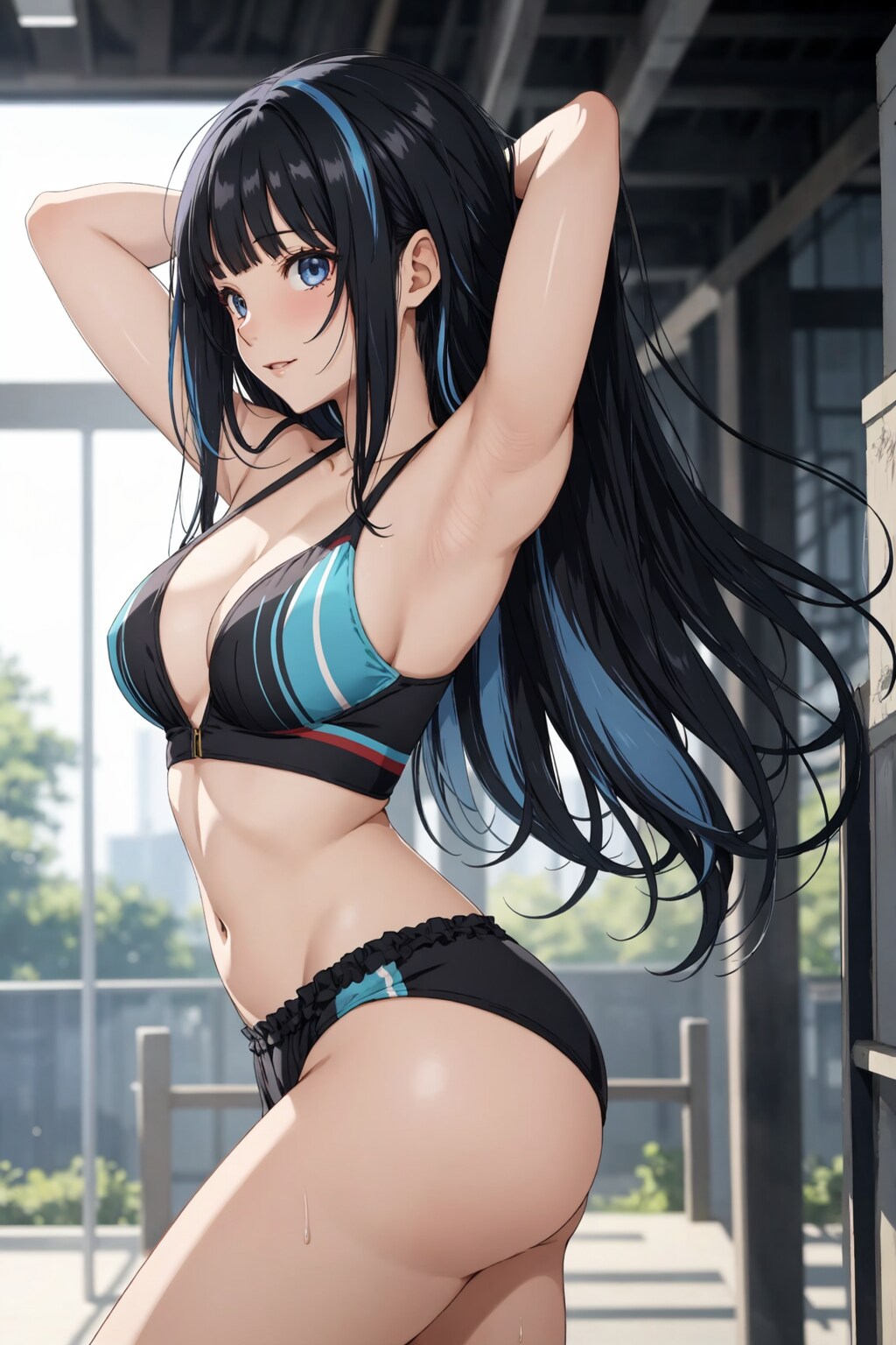 黒髪青メッシュ水着