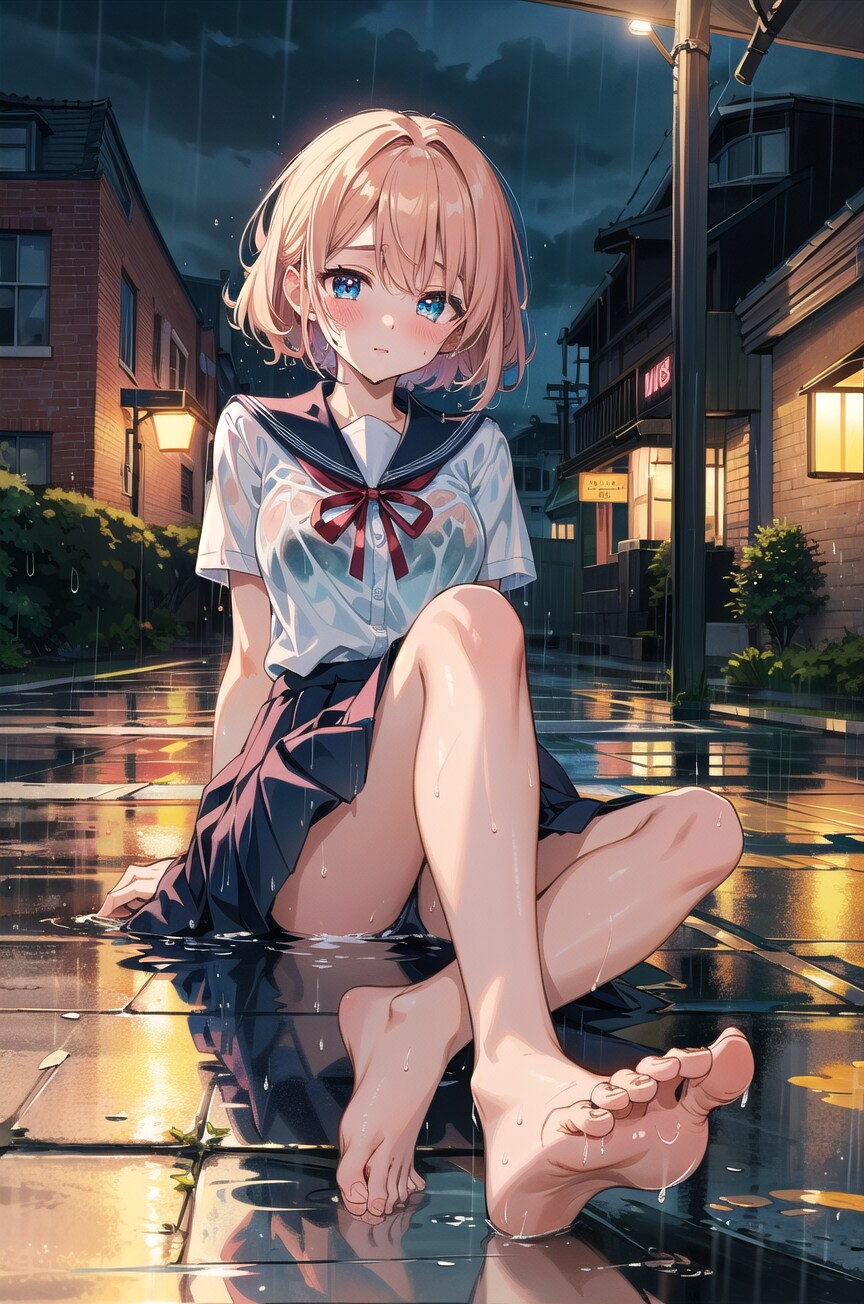 雨とずぶ濡れ少女