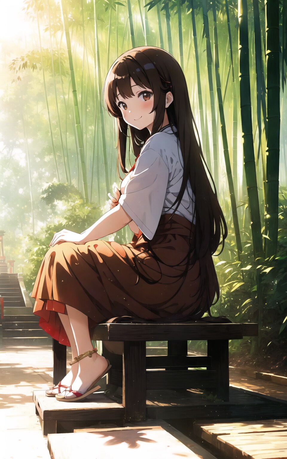 竹林の中のベンチに座る美女