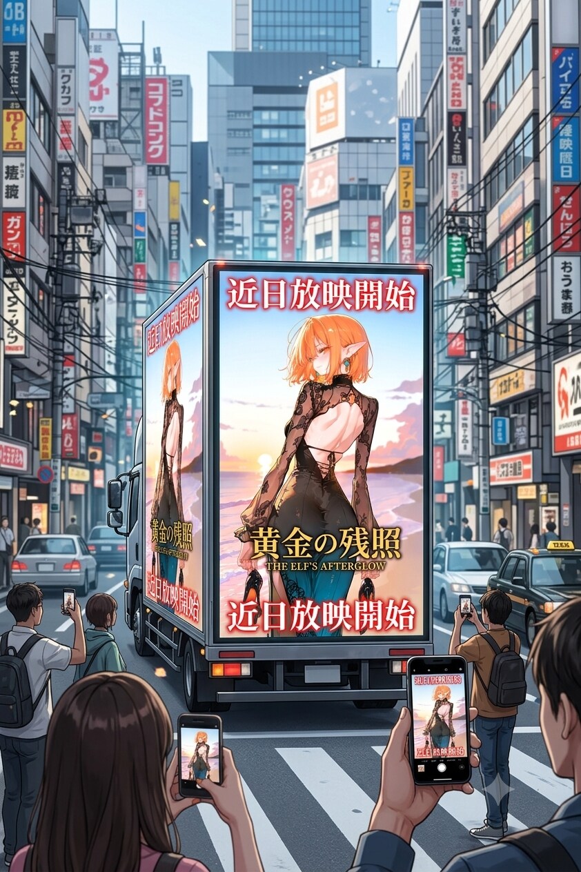 アドトラックで街中を走るエルフの女の子