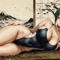 和っぽい（背景だけｗ）競泳水着美人の美人画♪・・後半の2枚はGeminiに人物も日本画っぽくして？とお願いしたのですが？・・💦 4枚目