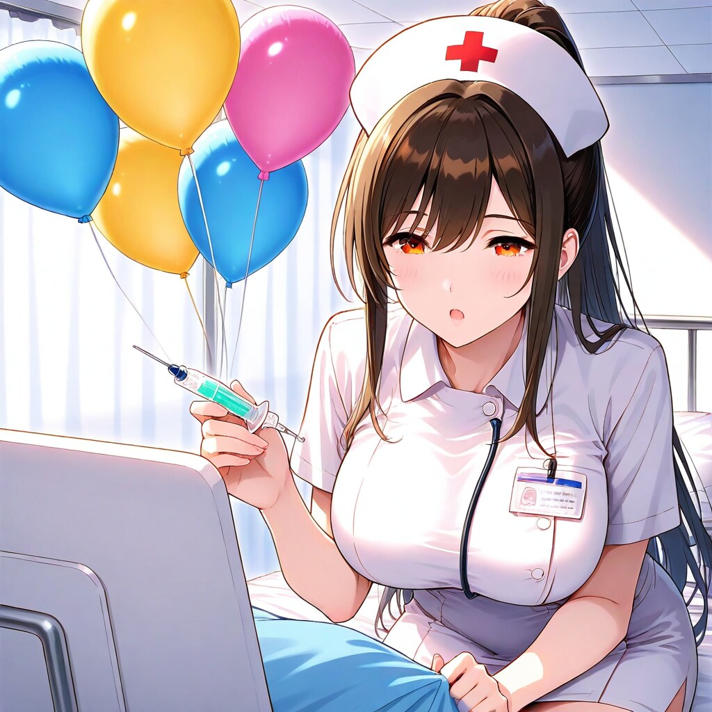 病室いっぱいに風船を膨らませて遊ぶナース服の美女 | の人気AIイラスト・グラビア