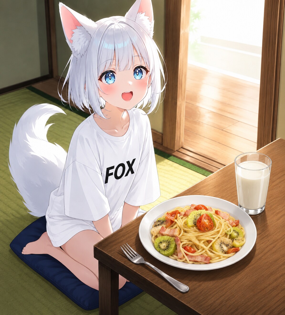 ミニトマトとキウイ、ベーコンのパスタ | の人気AIイラスト・グラビア