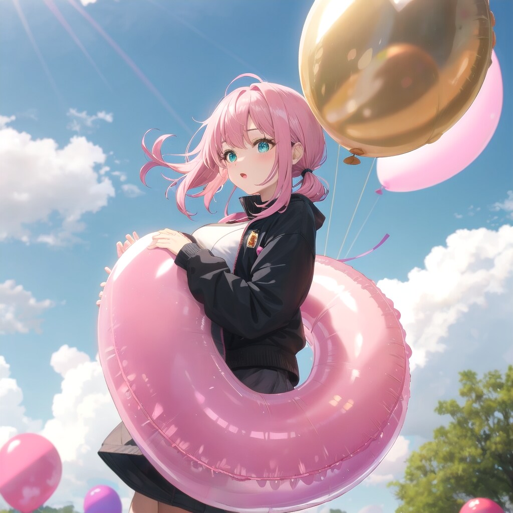公園でピンクの浮き輪を膨らませて遊ぶピンクの美女