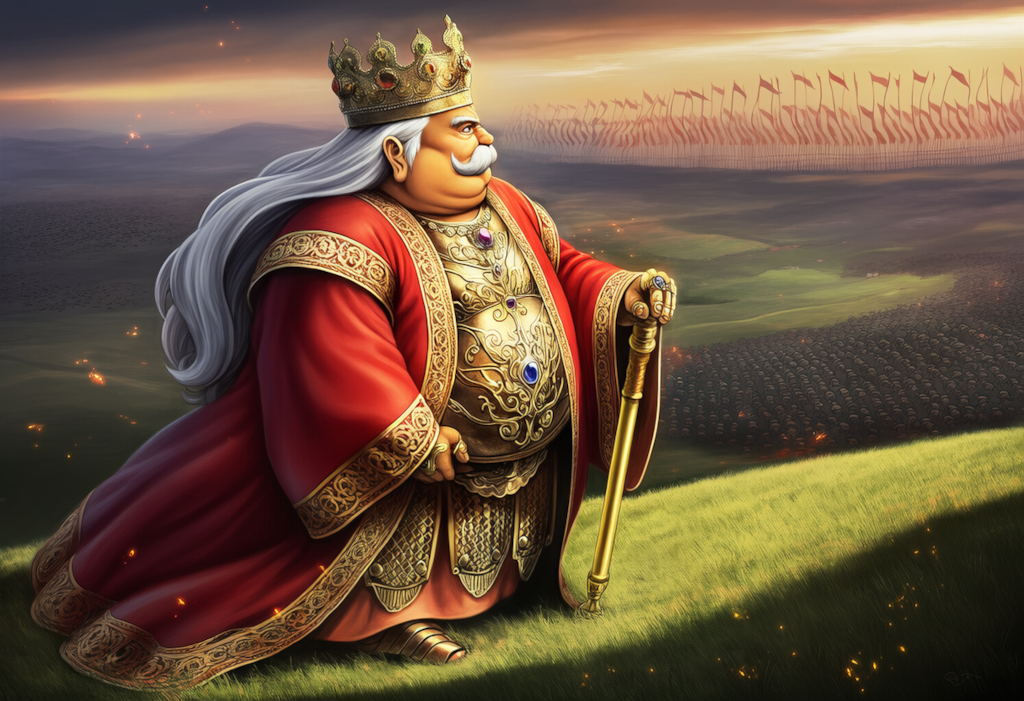 戦場に立つ王(キャラ参照使用)　１枚目-生成絵　２枚目-キャラ参照元