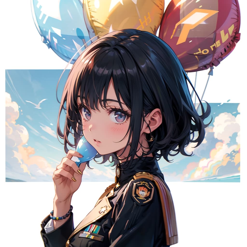 いっぱい風船を持つ黒髪ショートカットの海兵服着た美女。 | の人気AIイラスト・グラビア