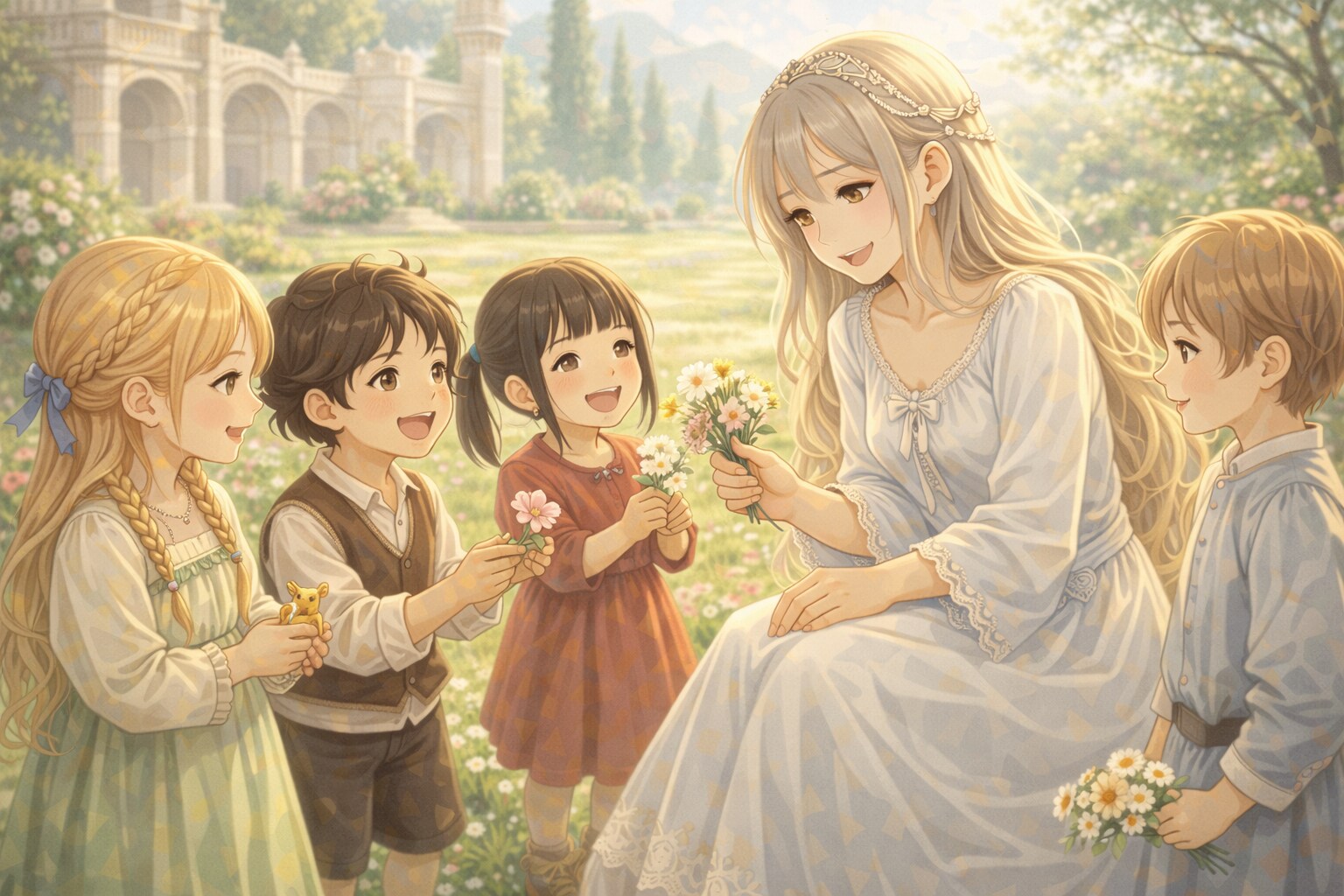 後宮の庭園で子供たちと遊ぶ姫