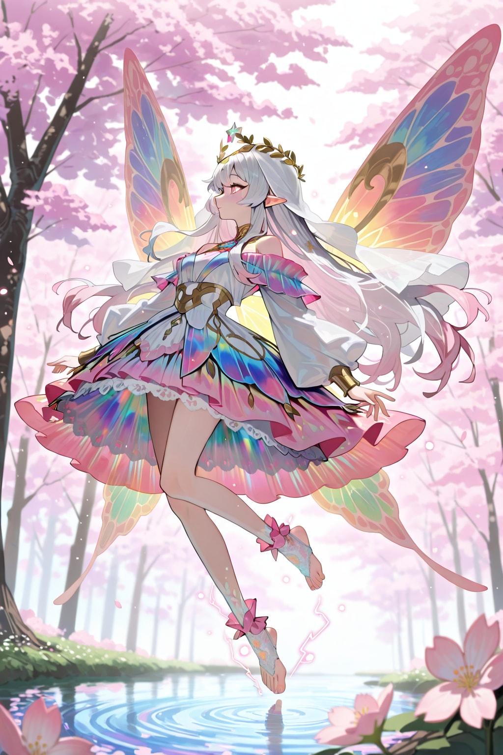 満開の桜並木の中央の泉の水面の上に、超伝導のように浮遊する桜の花より生まれし蝶の精霊 | の人気AIイラスト・グラビア