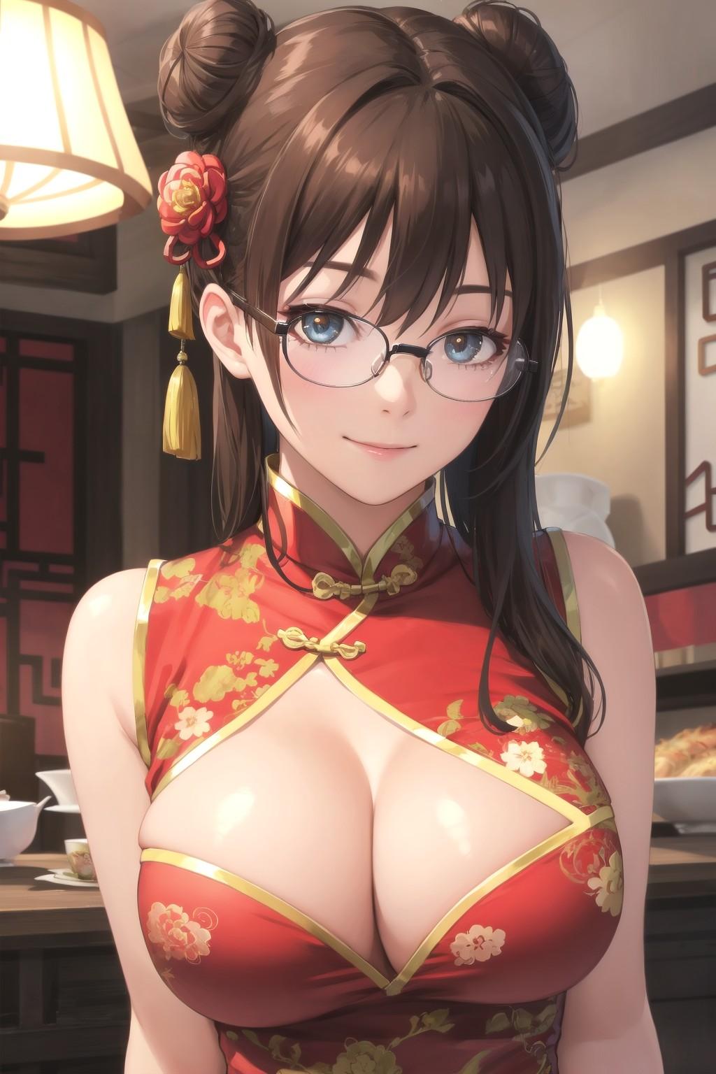 チャイナドレスのメガネお姉さん