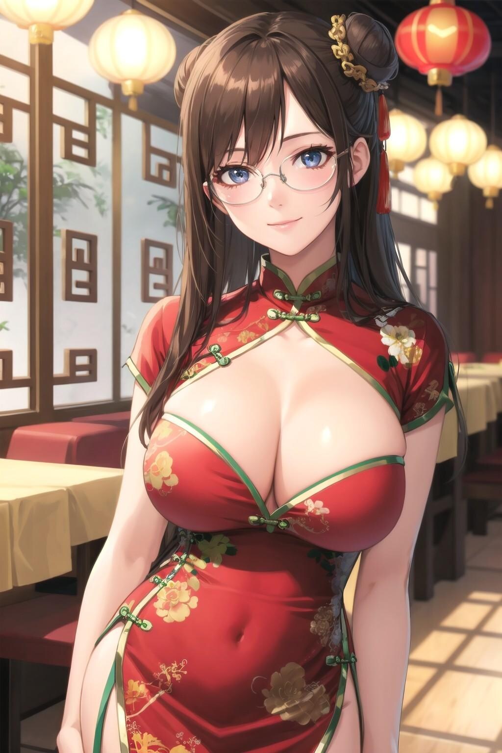 チャイナドレスのメガネお姉さん
