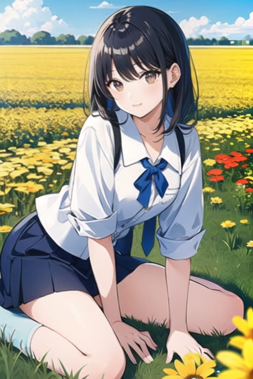 黒髪娘、花畑にて