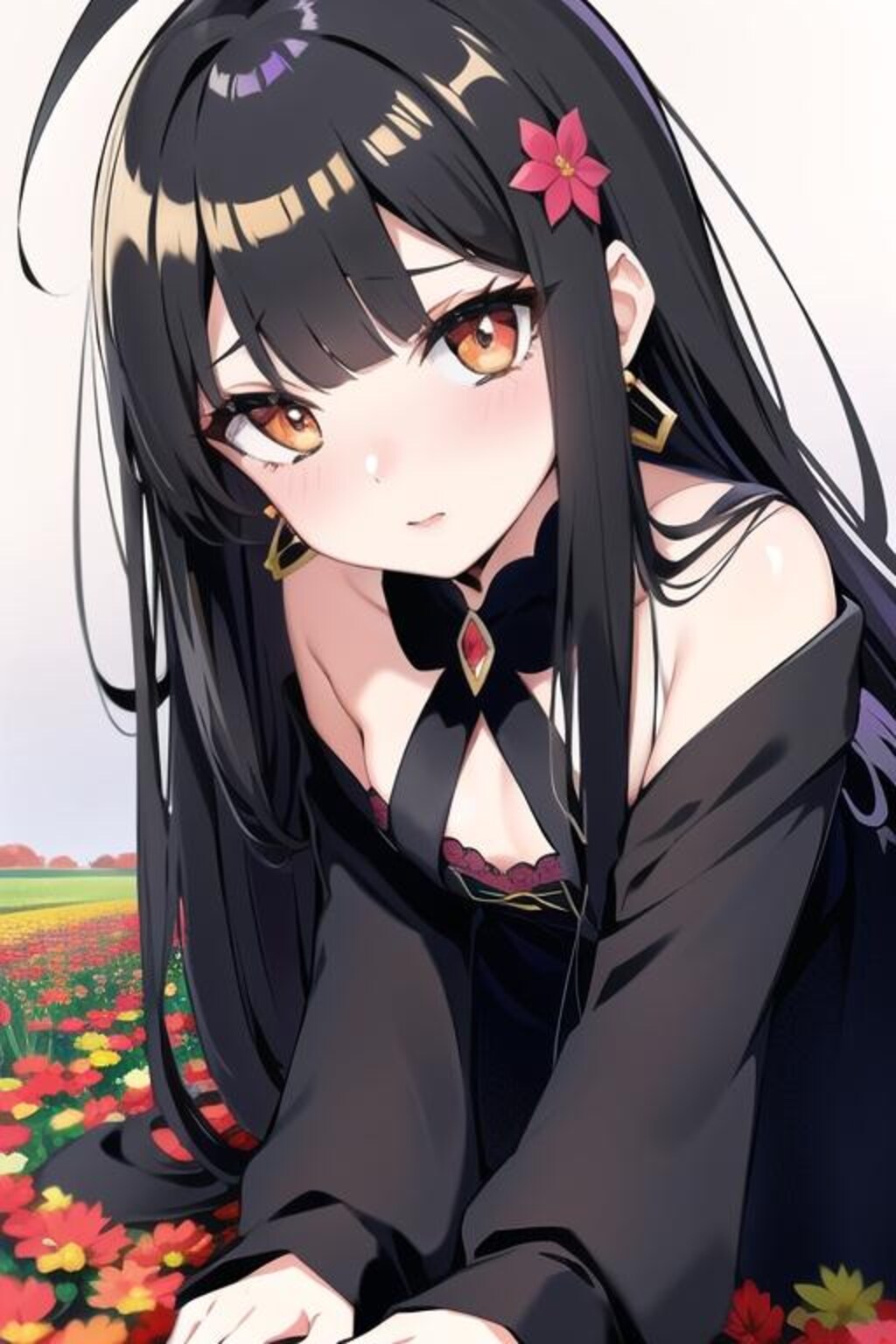 黒髪娘、花畑にて