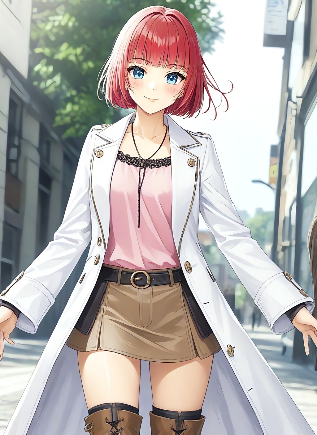 赤毛ボブのミニスカロングコート