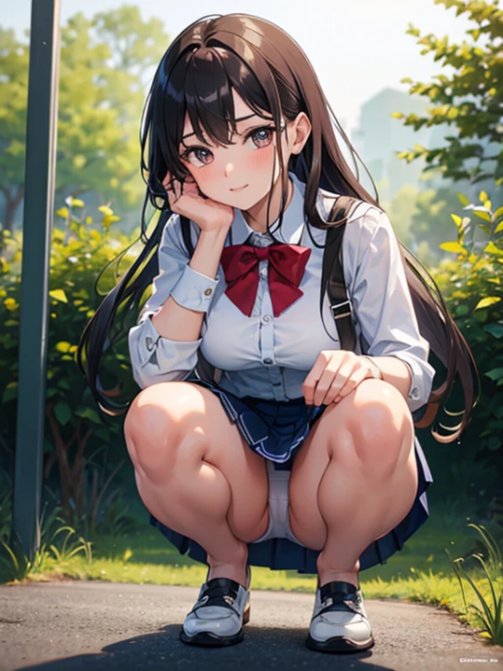 しゃがんでこちらを見る