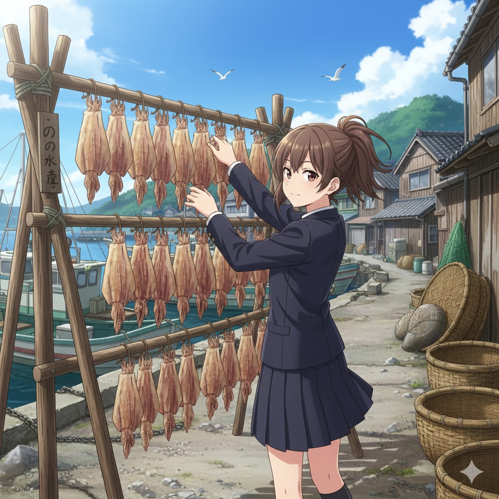 スルメイカを天日干しするＪＫ