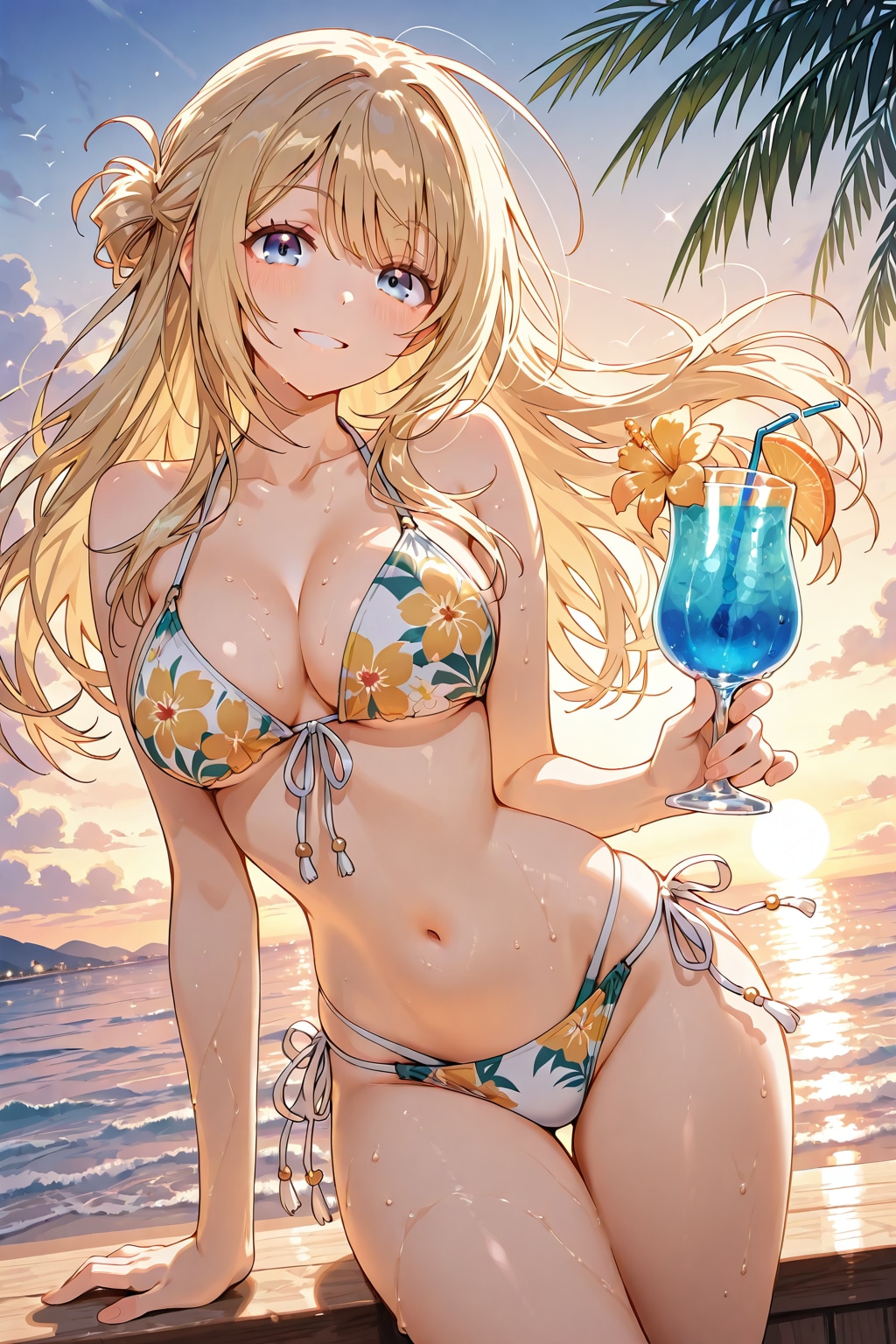 金髪ロング美少女 ビキニ 夕暮れの海辺