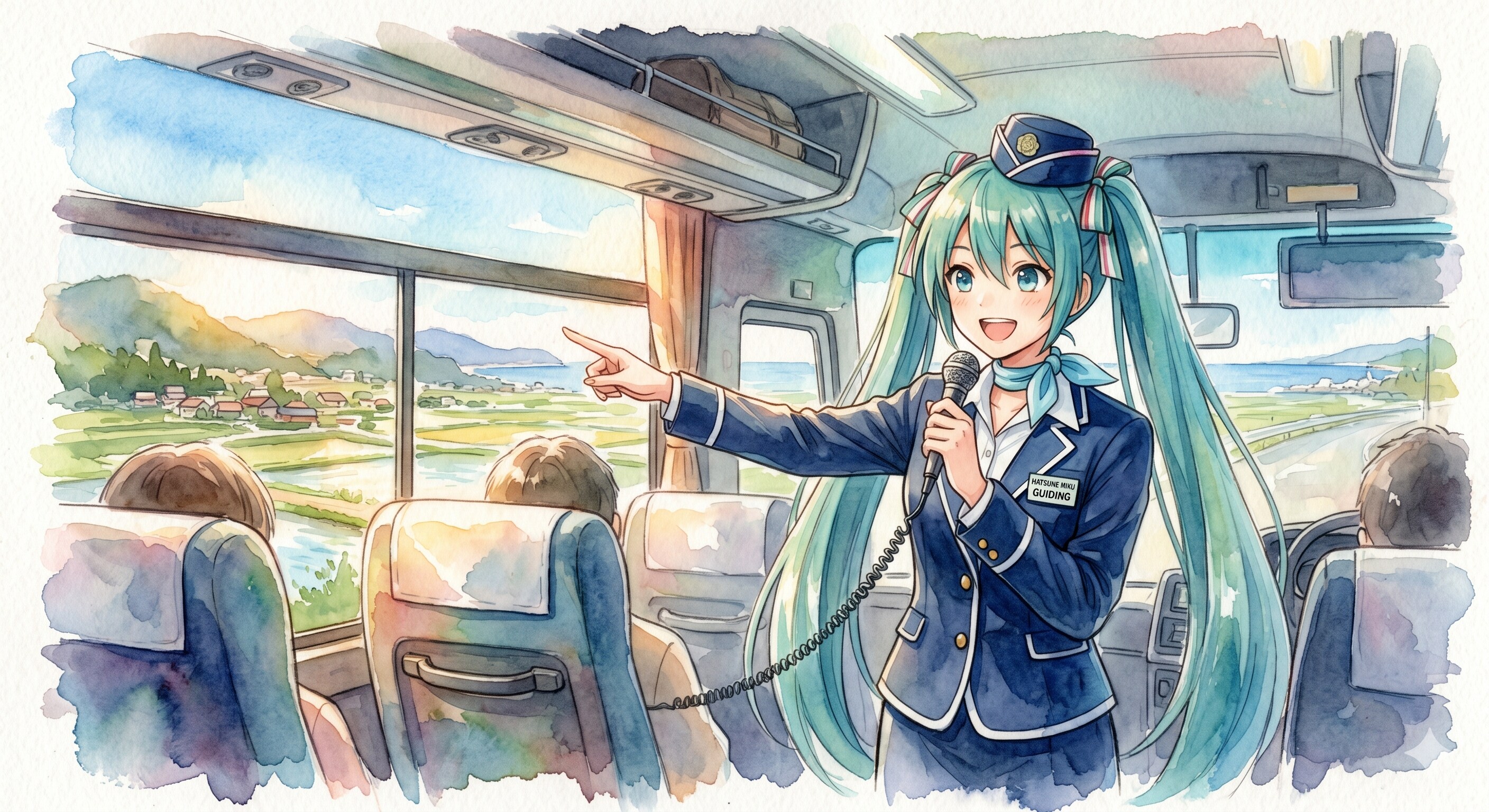 水彩画ミクさん　バスガイドミクさんと行く心の旅