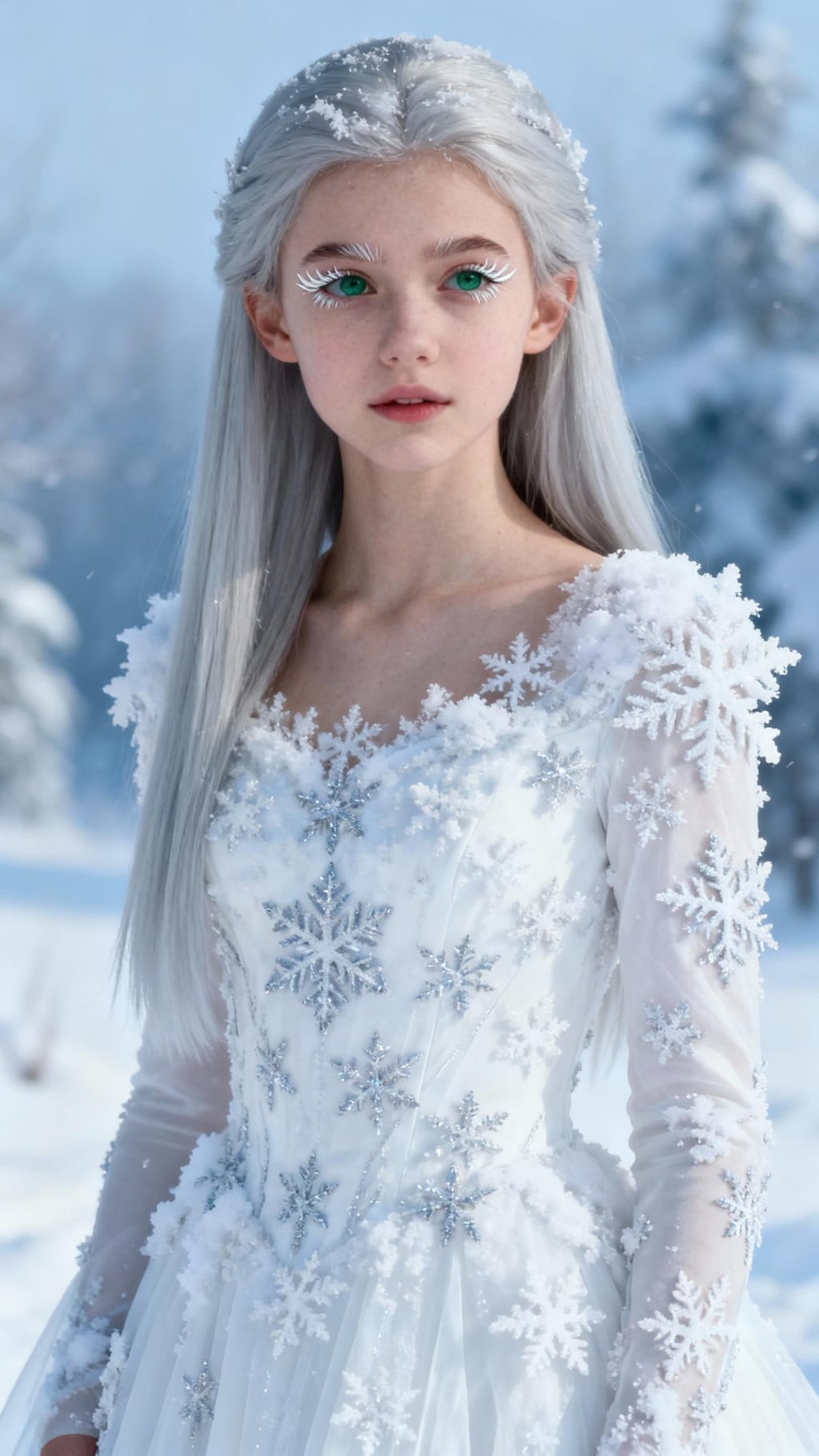 雪の結晶のドレスを纏った白銀の髪の娘（やはり白色睫毛が綺麗に描画されないので1枚で修正）