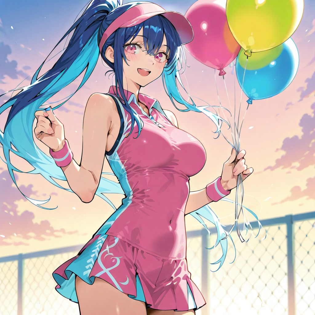 いっぱい色とりどりの風船を持つ青い髪ポニーテールのピンクのテニスウェア着た美女