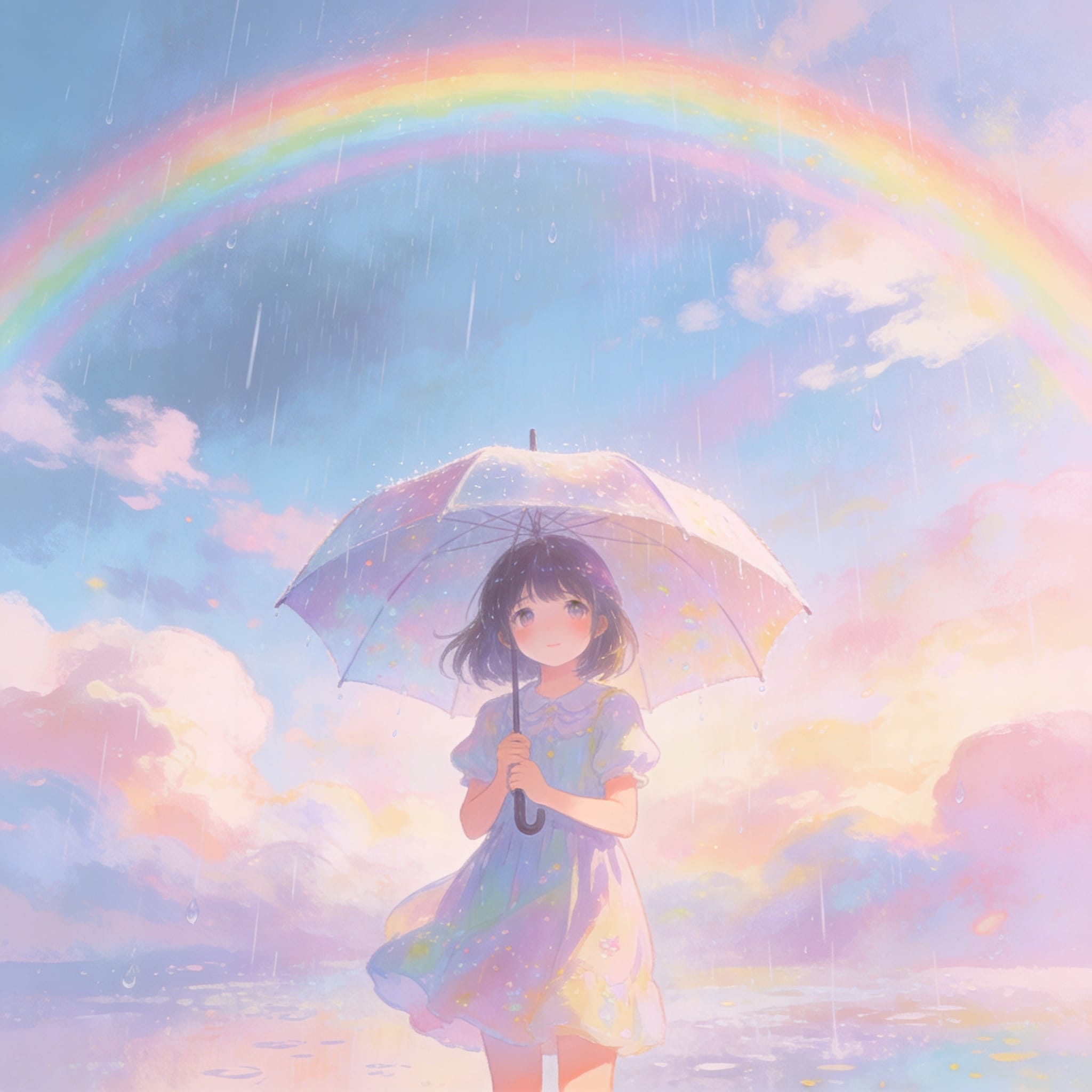 雨上がりの虹と雨傘と