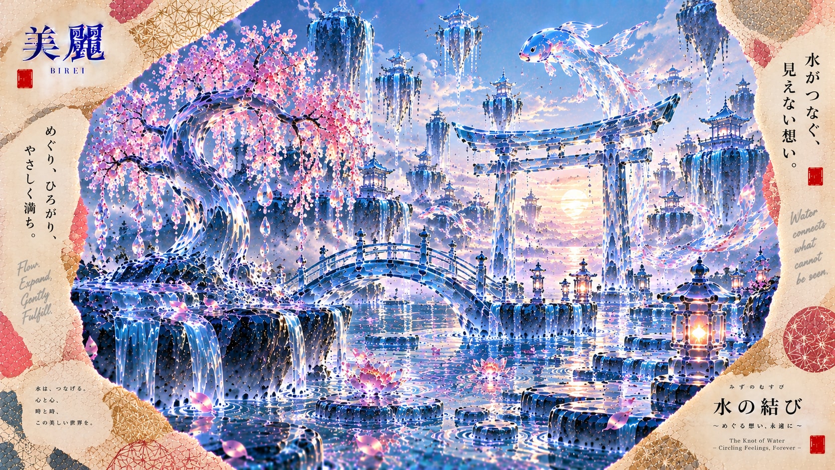 The Island of Flowing Water — A World Forever Connected  Water weaves endless happiness.  Across isl | の人気AIイラスト・グラビア
