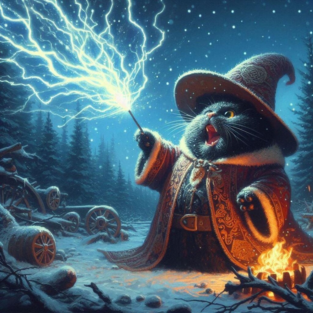 油絵ファンタジー、魔法使いコスプレ黒猫の魔法詠唱