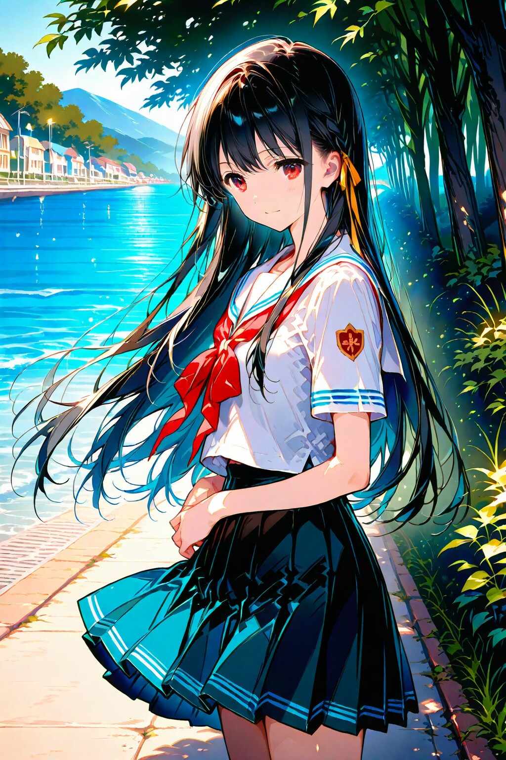 夏服女子高生　夕暮れの海