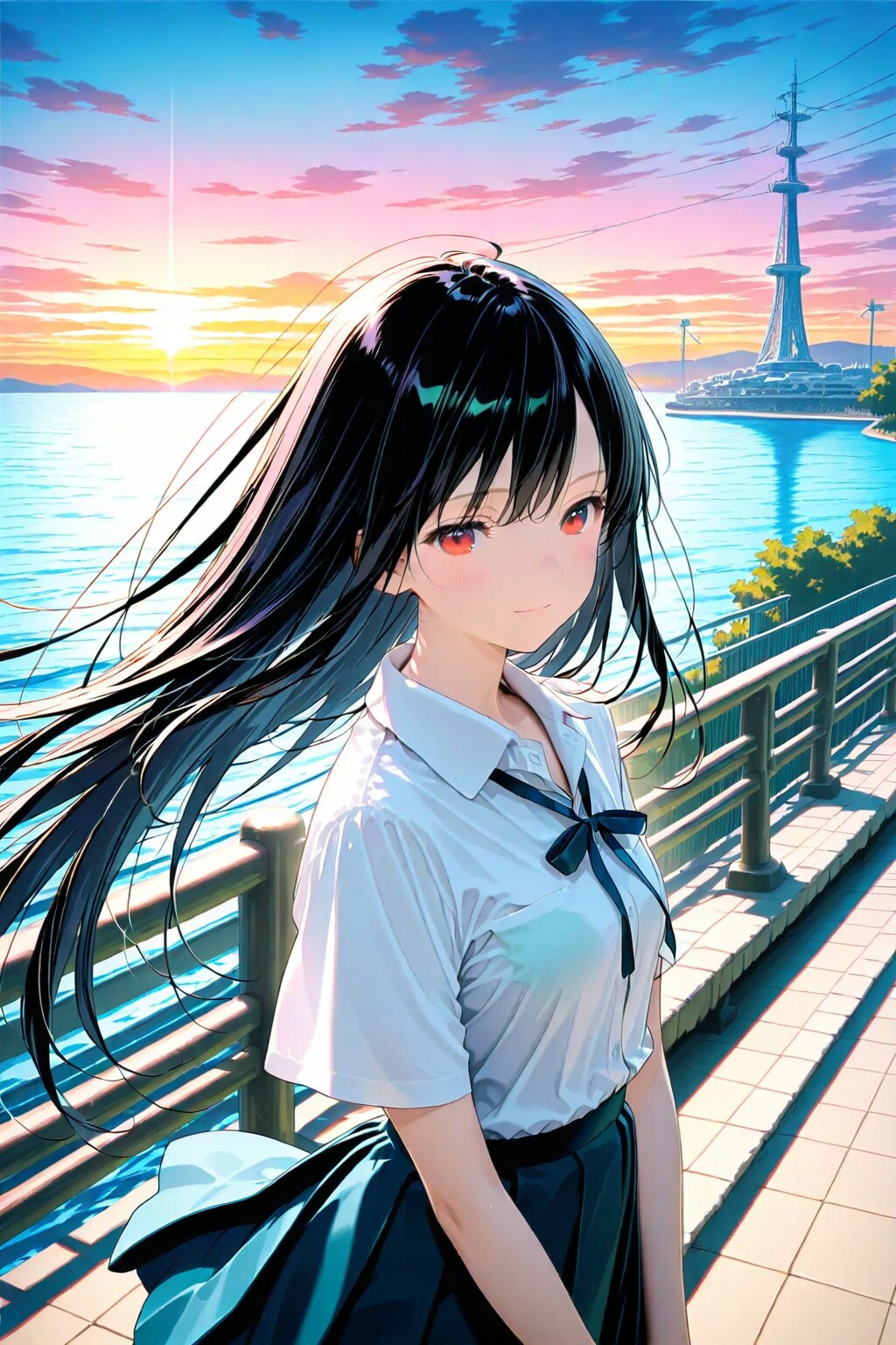 夏服女子高生　夕暮れの海