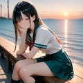 夏服女子高生　夕暮れの海 2枚目