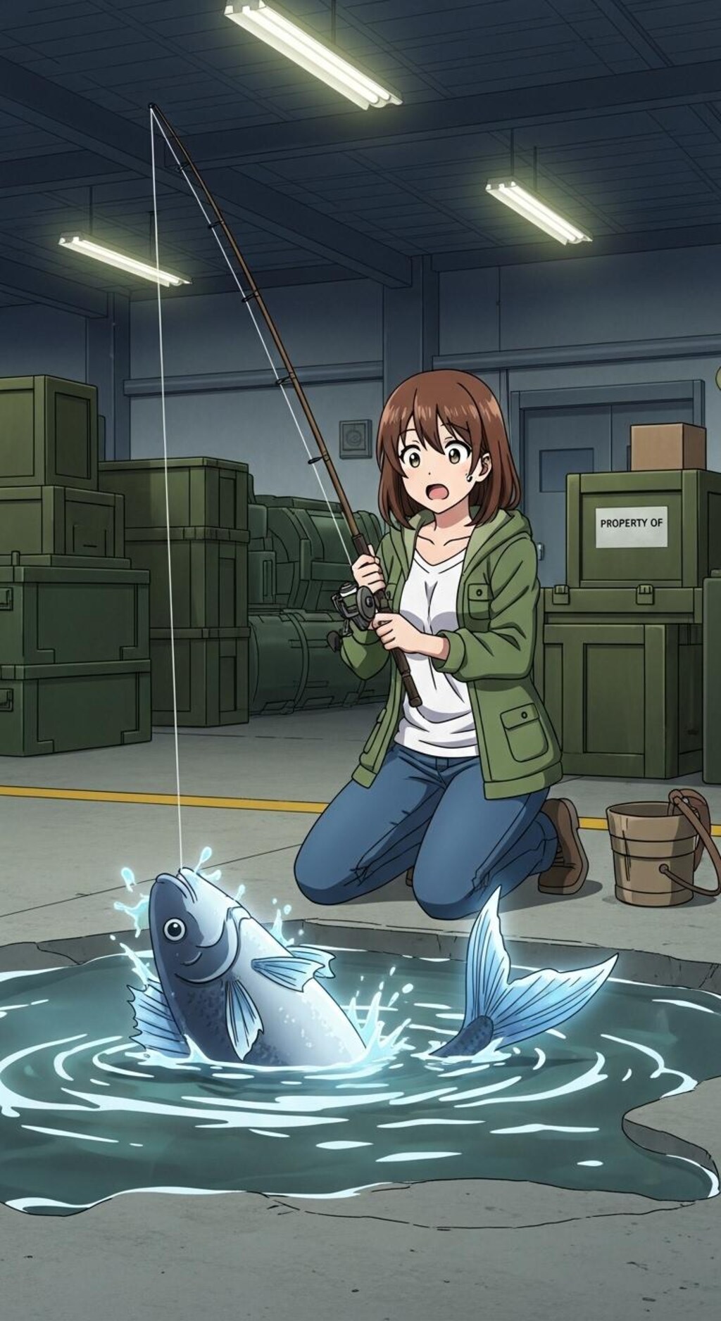 軍事基地倉庫の中で釣りをする
