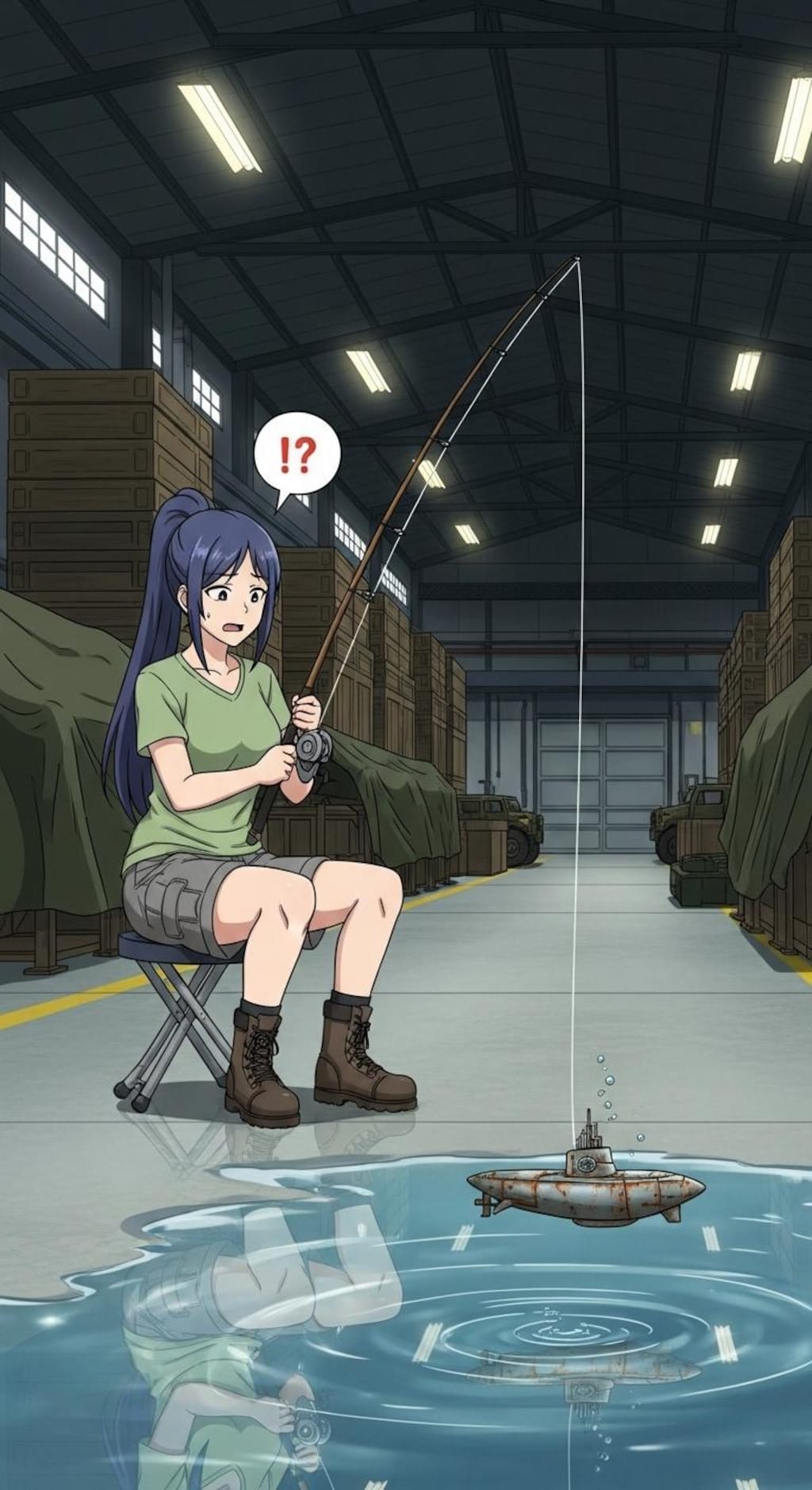 軍事基地倉庫の中で釣りをする