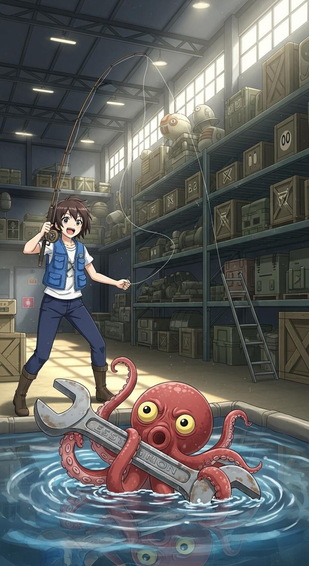 軍事基地倉庫の中で釣りをする