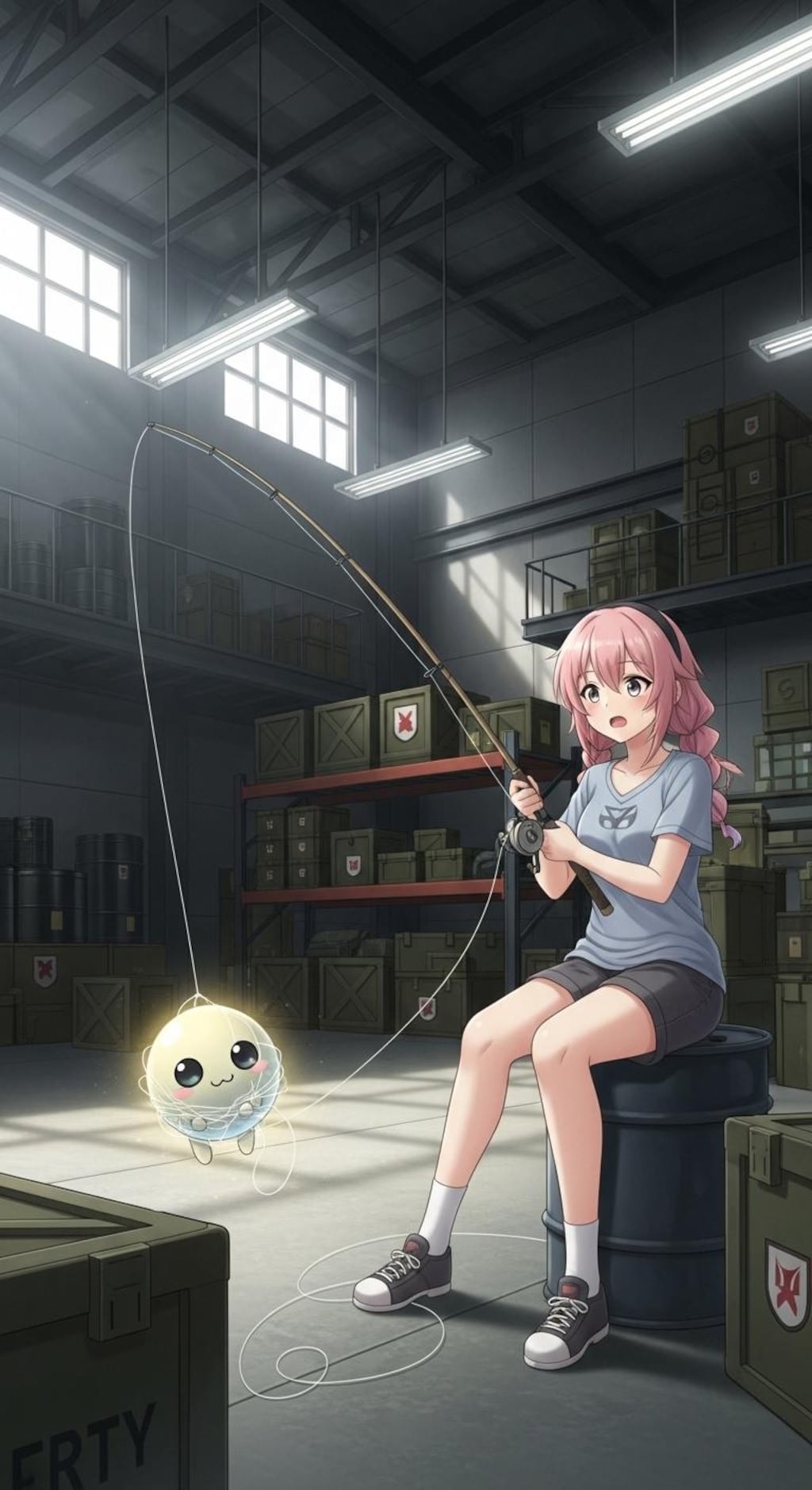 軍事基地倉庫の中で釣りをする