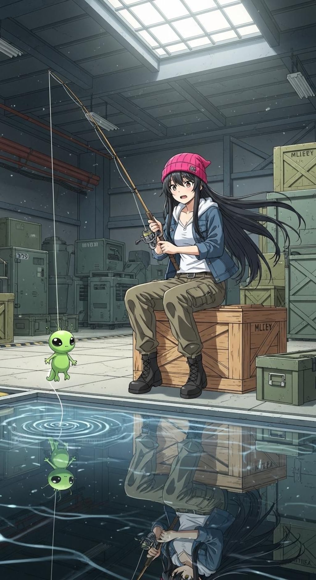 軍事基地倉庫の中で釣りをする