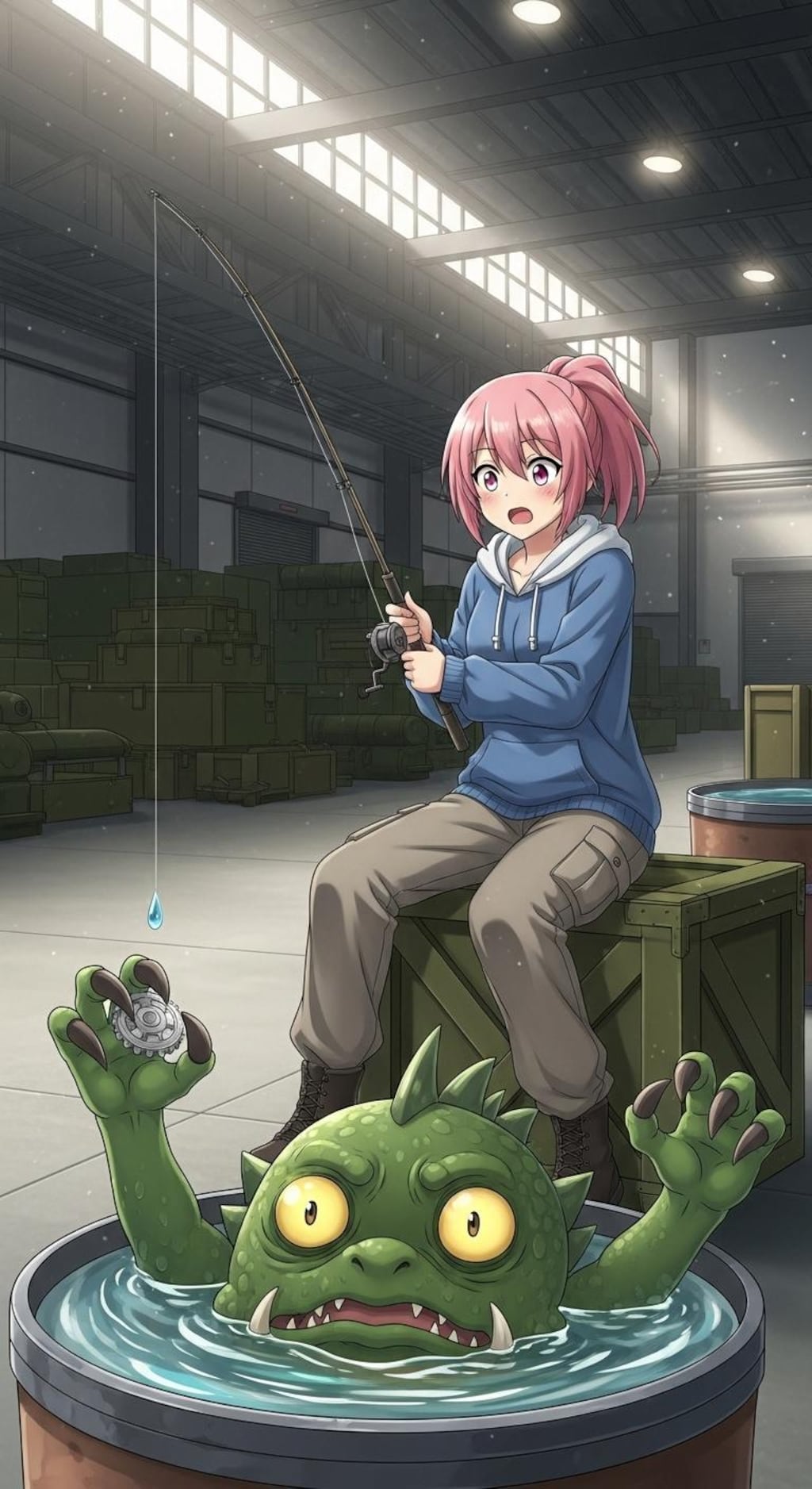 軍事基地倉庫の中で釣りをする