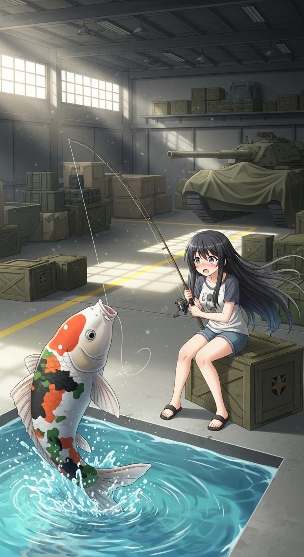 軍事基地倉庫の中で釣りをする