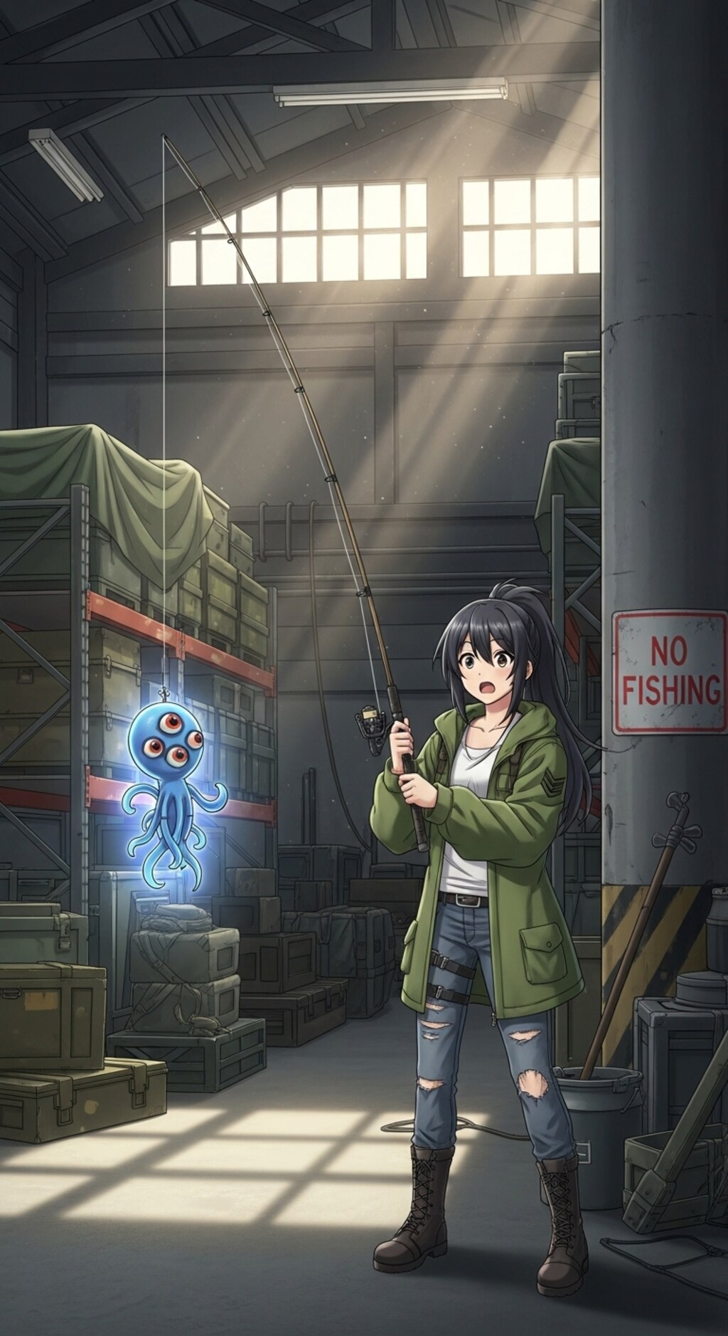 軍事基地倉庫の中で釣りをする