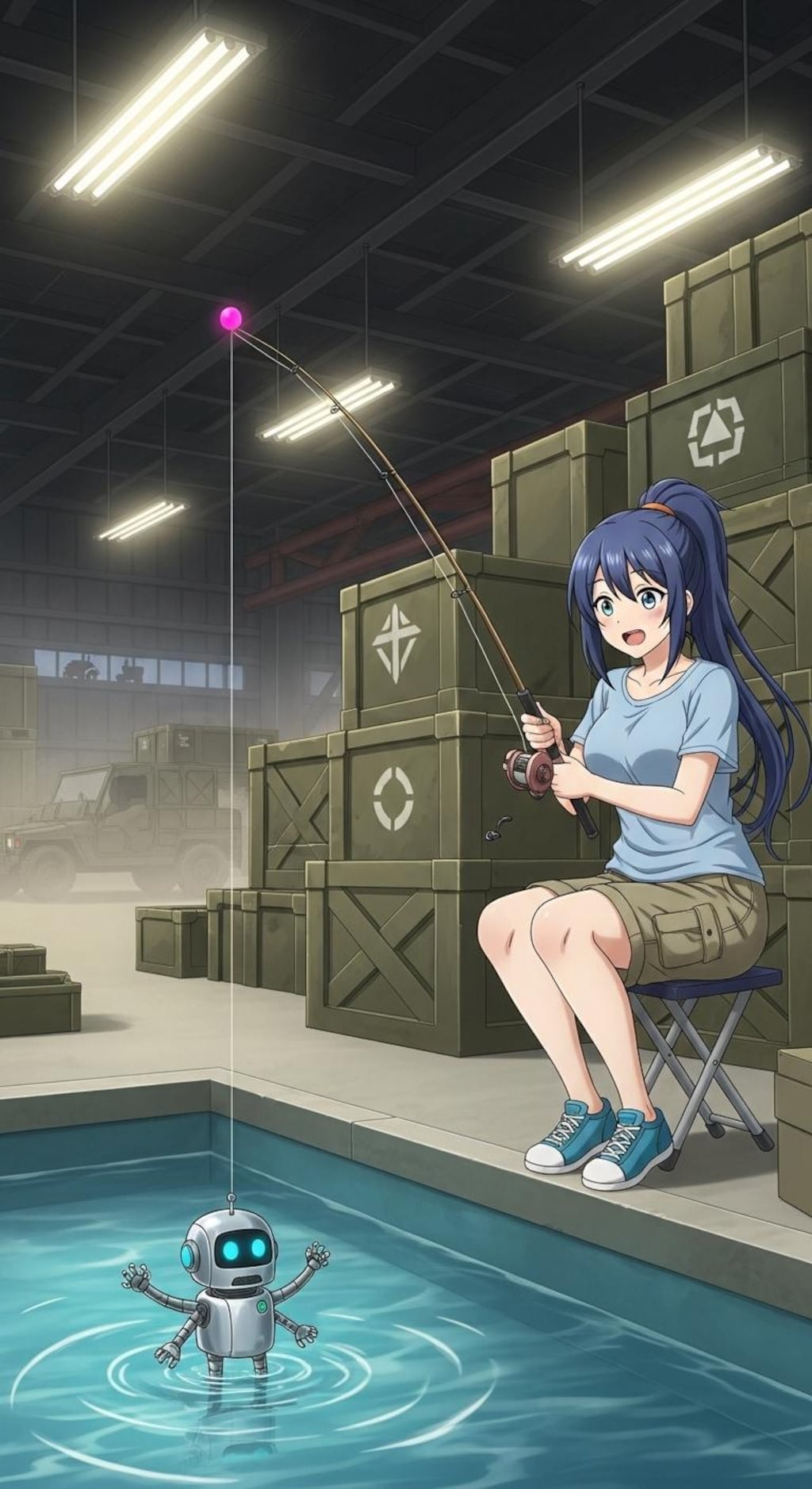 軍事基地倉庫の中で釣りをする