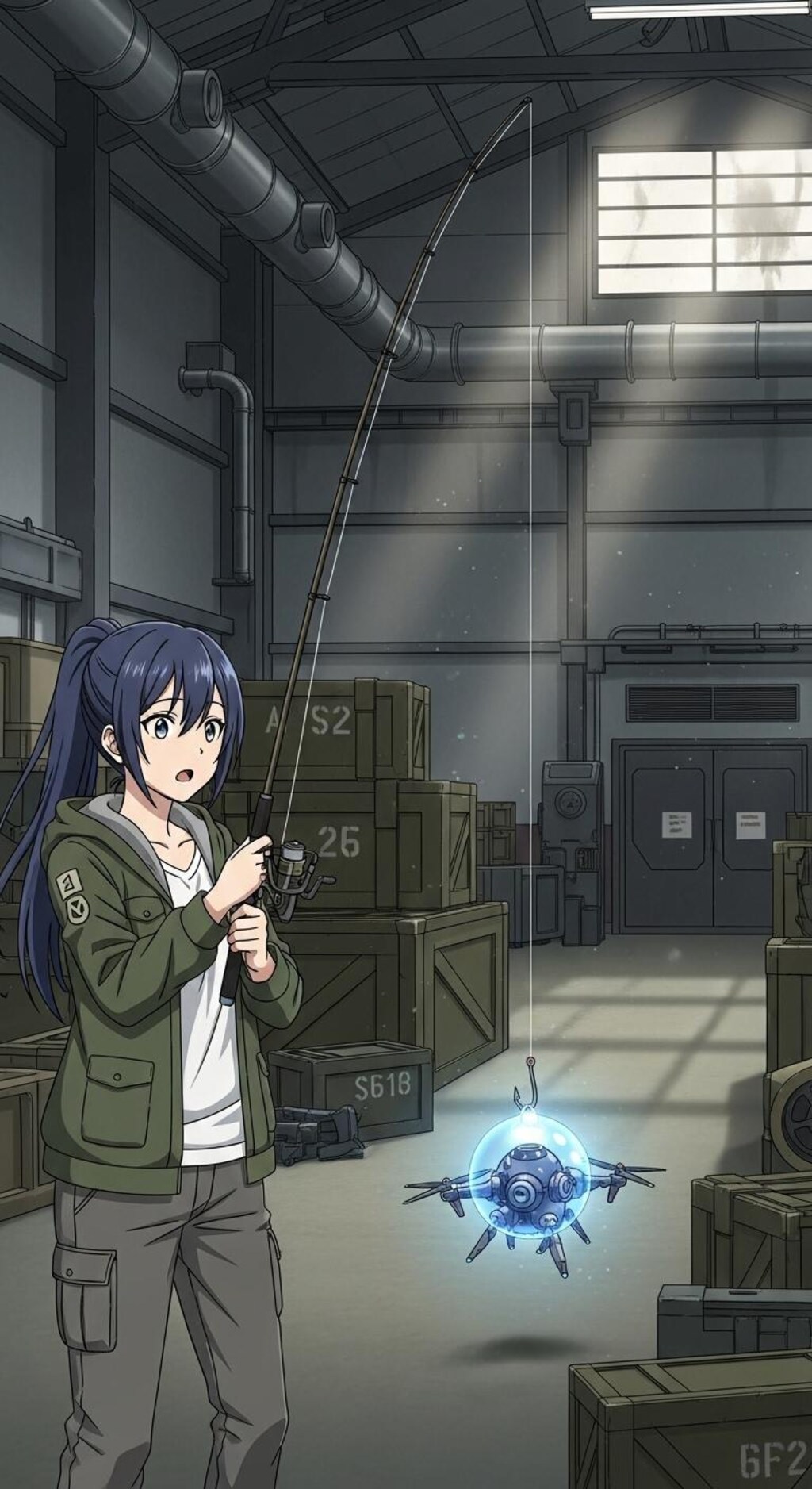 軍事基地倉庫の中で釣りをする